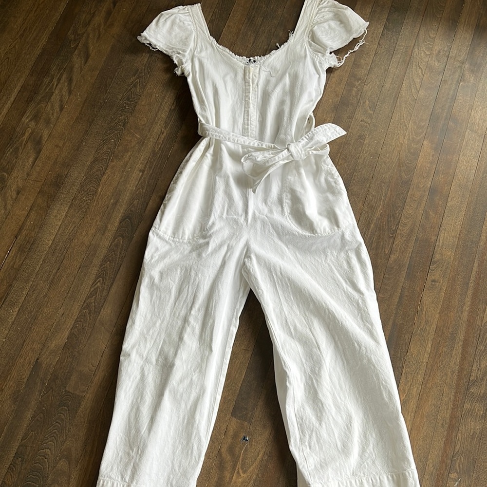 Zara White Denim Belted Jumpsuit